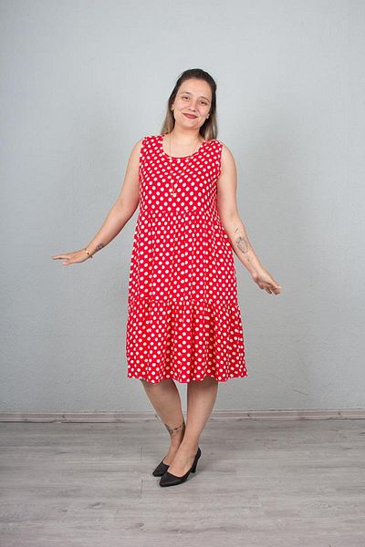Truva XXL Plus Size Polka Dot Woven Combed Cotton Sleeveless Bottom Loose Dress Colorful El567