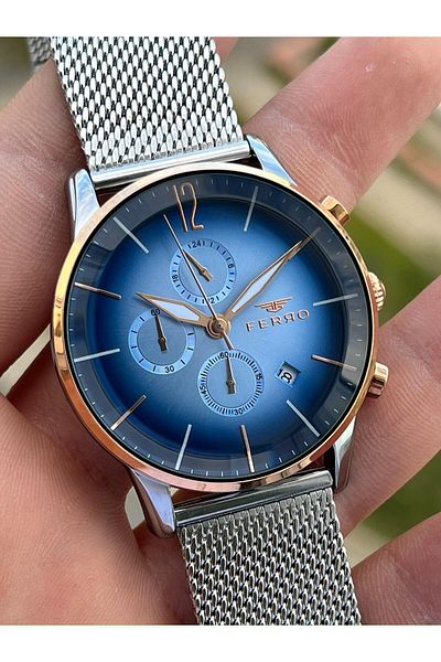 FERRO Men's Silver Color Straw Watchband - 30m Waterproof, Interior Functions Active EF31039-E3