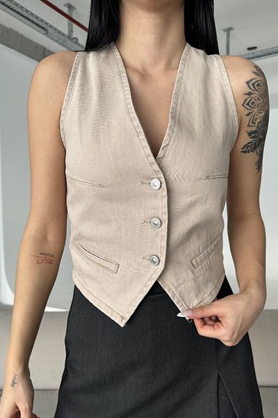 fehika Beige Tuxedo Jeans V-Neck Denim Vest with Pockets and Button Closure