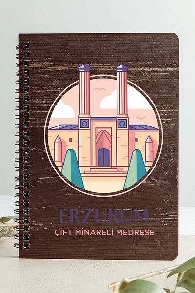 SaltanArt Erzurum Double Minareli Madrasah City Design Caiet din lemn Hârtie Kraft Design special Cadou
