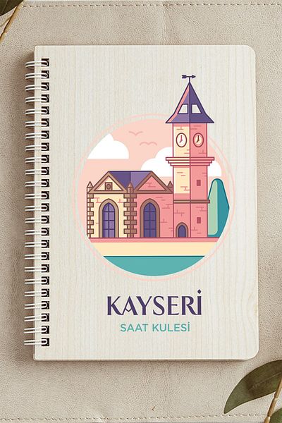 SaltanArt Kayseri Clock Tower City Design Ξύλινο Εξώφυλλο Σημειωματάριο Kraft Χαρτί Ειδικού Σχεδιασμού Δώρο