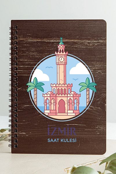 SaltanArt Izmir Clock Tower City Design Ξύλινο Εξώφυλλο Σημειωματάριο Kraft Χαρτί Ειδικού Σχεδιασμού Δώρο