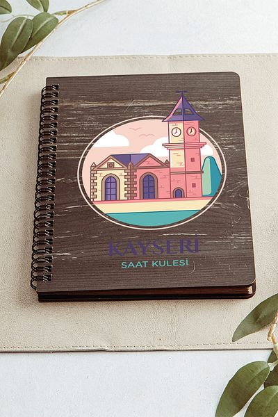 SaltanArt Kayseri Clock Tower City Design Ξύλινο Εξώφυλλο Σημειωματάριο Kraft Χαρτί Ειδικού Σχεδιασμού Δώρο