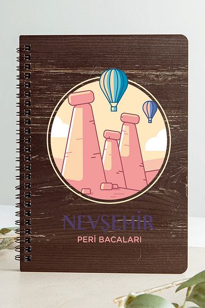 SaltanArt دفتر ملاحظات بتصميم مدينة Nevşehir Peribacas بغطاء خشبي من ورق الكرافت هدية بتصميم خاص