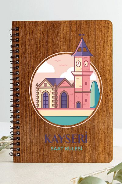 SaltanArt Kayseri Clock Tower City Design Ξύλινο Εξώφυλλο Σημειωματάριο Kraft Χαρτί Ειδικού Σχεδιασμού Δώρο