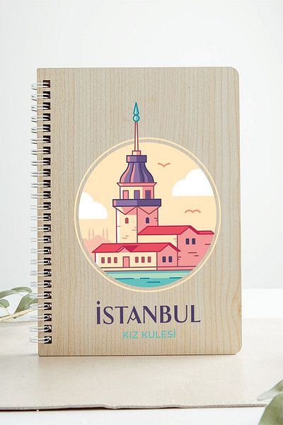 SaltanArt Istanbul Maiden's Tower City Design Ξύλινο Εξώφυλλο Σημειωματάριο Kraft Χαρτί Ειδικού Σχεδιασμού Δώρο
