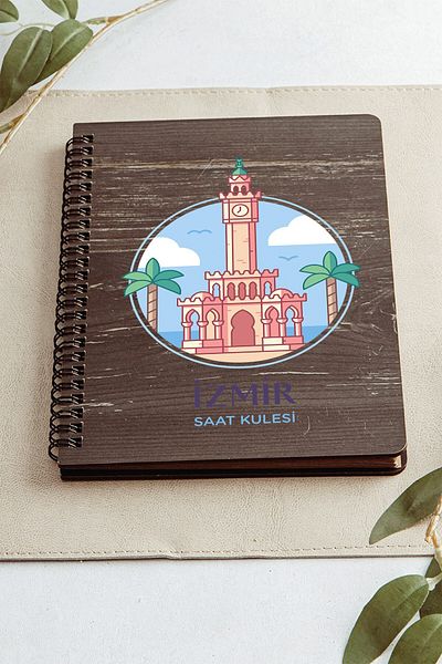 SaltanArt Izmir Clock Tower City Design Ξύλινο Εξώφυλλο Σημειωματάριο Kraft Χαρτί Ειδικού Σχεδιασμού Δώρο