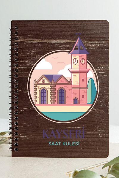 SaltanArt Kayseri Clock Tower City Design Ξύλινο Εξώφυλλο Σημειωματάριο Kraft Χαρτί Ειδικού Σχεδιασμού Δώρο