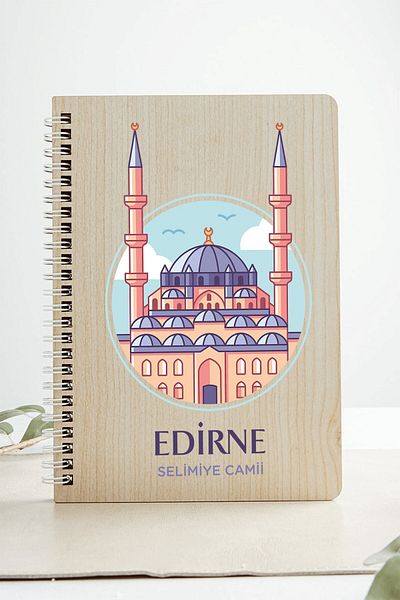 SaltanArt Moscheea Edirne Selimiye City Design Caiet cu copertă din lemn Hârtie Kraft Design special Cadou