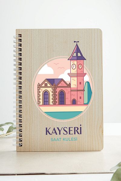 SaltanArt Kayseri Clock Tower City Design Ξύλινο Εξώφυλλο Σημειωματάριο Kraft Χαρτί Ειδικού Σχεδιασμού Δώρο