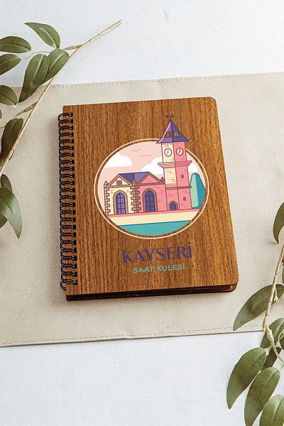 SaltanArt Kayseri Clock Tower City Design Ξύλινο Εξώφυλλο Σημειωματάριο Kraft Χαρτί Ειδικού Σχεδιασμού Δώρο