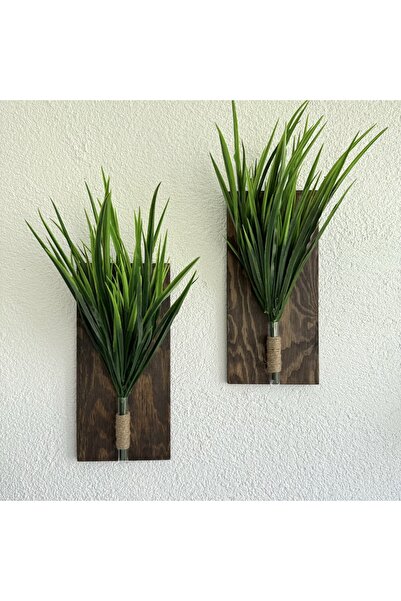 STDEKOR Yeşil Sazlık Çiçekli Duvar Dekoru Ceviz İkili Set 30x14cm