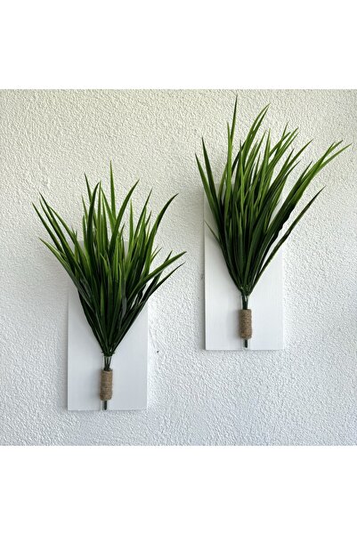 STDEKOR Yeşil Sazlık Çiçekli Duvar Dekoru Beyaz İkili Set 30x14cm