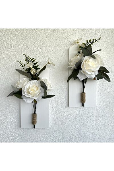 STDEKOR Beyaz Gül Çiçekli Duvar Dekoru Beyaz İkili Set 30x14cm
