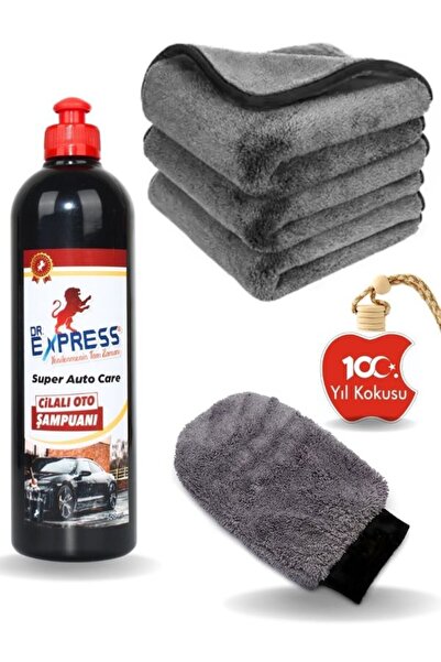 4'lü Oto Yıkama Seti Cilalı Şampuan 500ml 60x90 Cm Mikrofiber Kalın Bez Yıkama Eldiveni