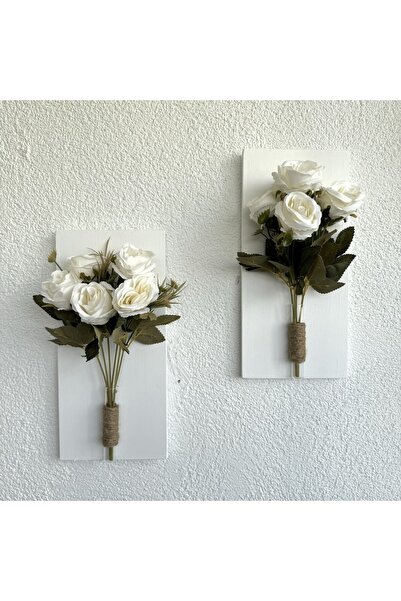 STDEKOR Beyaz Gül Çiçekli Duvar Dekoru Beyaz İkili Set 30x14cm
