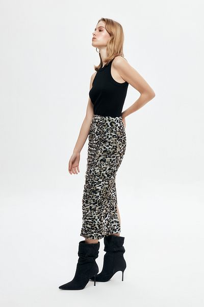 Quzu Leopard Patterned Draped Midi Skirt Black