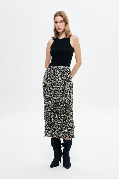 Quzu Leopard Patterned Draped Midi Skirt Black