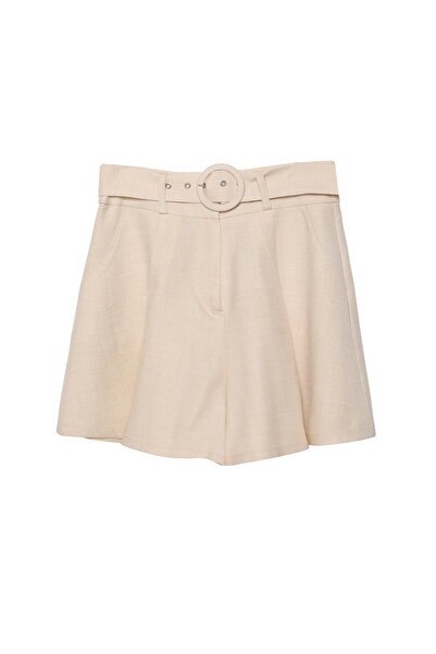 Quzu Kemer Detaylı Mini Şort Naturel