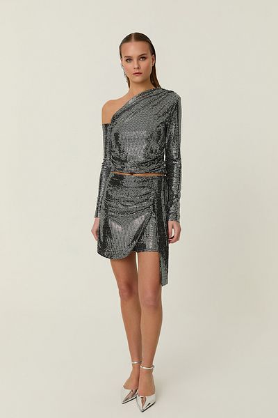 Quzu Glitter Shorts Skirt with Tie Detail Silver