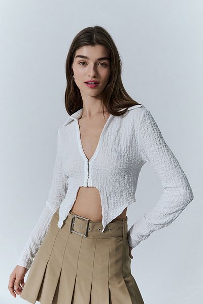 Quzu Δέσιμο Λεπτομερής Crop Μπλούζα Εκρού