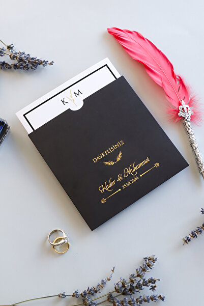 Pixel Davetiye 50-adet- Siyah Yaldızlı Davetiye - Düğün - Nişan - Kına - Sünnet - Nikah Davetiyesi - 8753