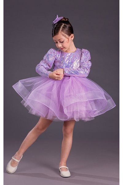 ABİYEKİDS Liliac cu mâneci cu umăr cu balon, rochie de bal cu paiete, rochie de seară pentru copii, 23 aprilie ABY150
