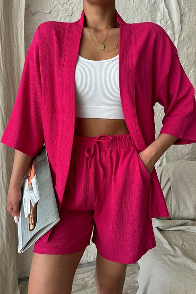MODAGEN Damen Fuchsia Rosa Kimono Shirt Shorts Unterteil Top Set