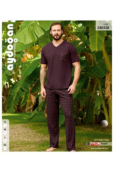 Aydoğan Brand 100% Cotton V-Neck Square Patterned Burgundy Color Men's Pajamas Set 240338