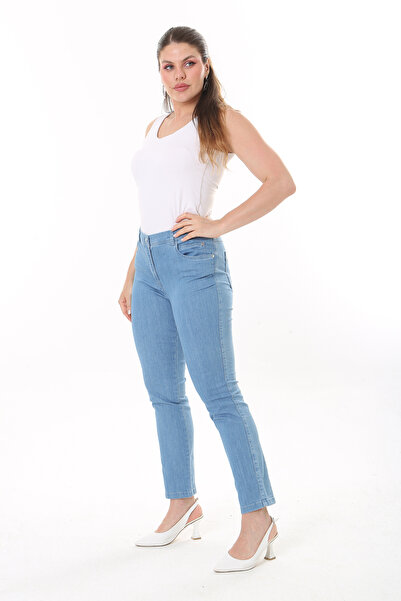 Şans Women's Large Size Blue Lycra 4 Pockets Color Detailed Jeans 65n37725