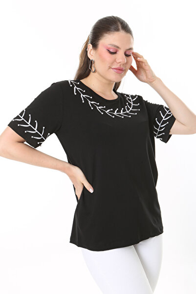 Şans Women's Large Size Black Pearl and Embroidery Detailed Short Sleeve Blouse 65N37677