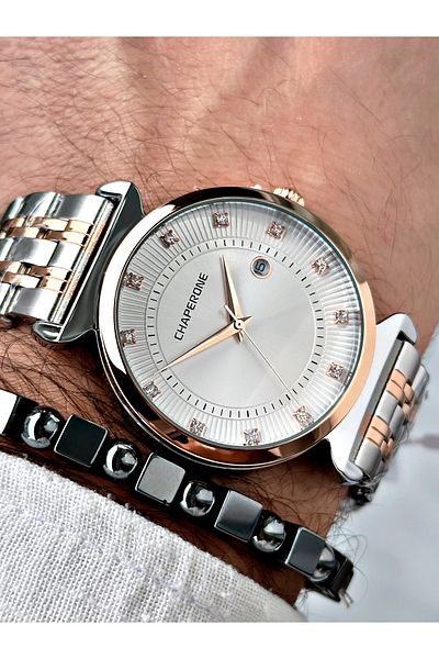 Chaperone men's Wristwatch - Rose Silver, Steel Cord, Stylish DesiGn + Bracelet Gift By Reward