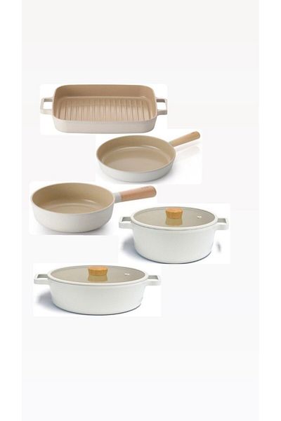 NEOFLAM Beige Fika 7-Piece Induction Pot and Griddle Set