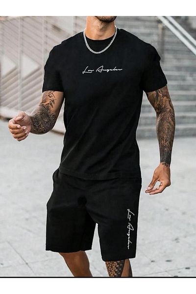 SELENA BUTİK Unisex Los Angeles Black T-Shirt Shorts Top and Bottom Set