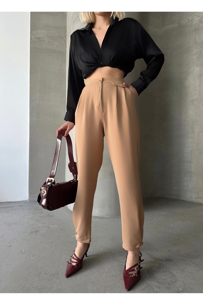 schlank Kadın Açık Kahverengi Önden Pensli Paçası Düğmeli Şık Pileli Dokuma Ş...