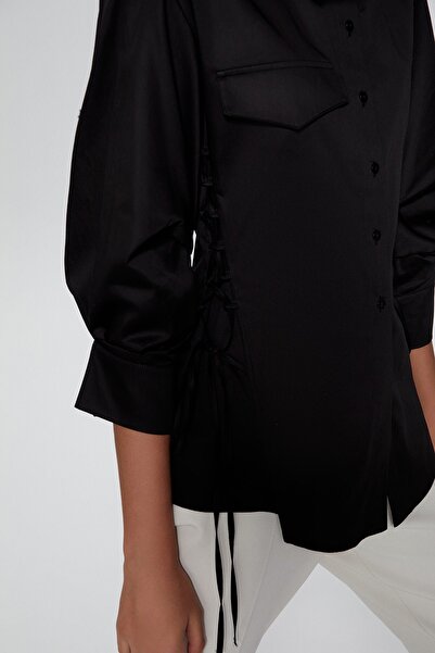 rue Black Poplin Shirt with Gather Detail