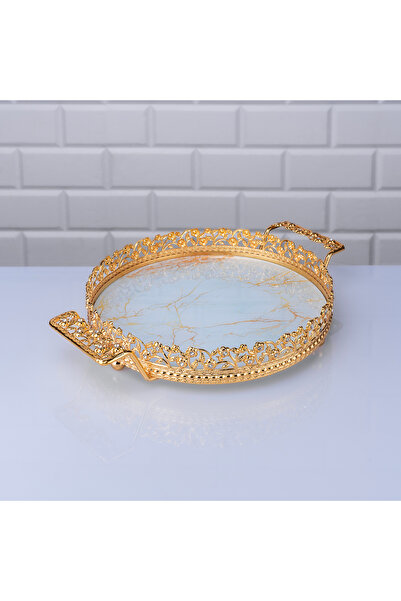 Hinora نمط الرخام صينية صغيرة مستديرة مقبض معدني حامل القهوة صينية الشوكولاتة...