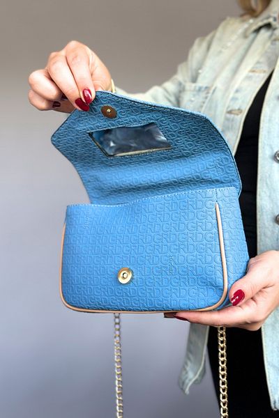 GALB LEATHER Geantă de umăr pentru femei de mărime medie, cu model în relief, cu capac în oglindă și curea de lanț auriu Culoare albastră