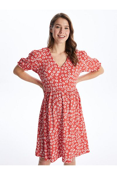 LC Waikiki Printed V Neck Floral Short Sleeve Krinkle Maternity Dress