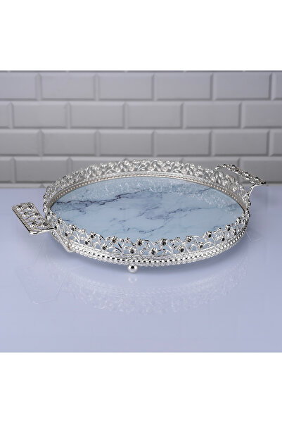 Hinora نمط الرخام صينية متوسطة مستديرة مقبض معدني حامل القهوة صينية الشوكولاتة 30 سنتيمتر