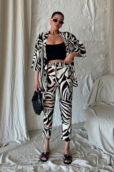 MODAGEN Women's Colorful Zebra Patterned Kimono Bottom and Top Set with Pants