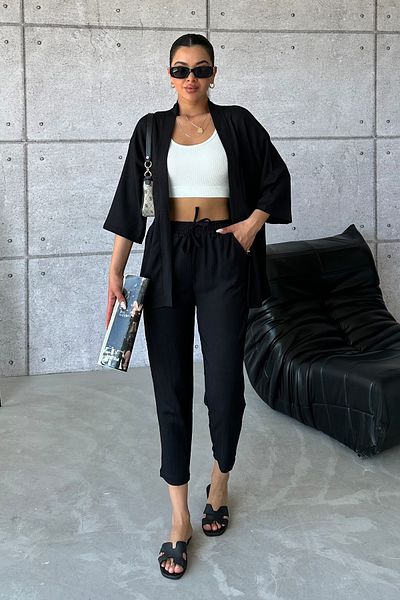 MODAGEN Set de pantaloni morcovi cu kimono negru pentru femei