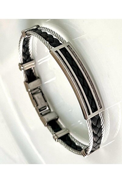 Bay hediye 1. Sınıf Çelik Örgü ve Halat Mixli Siyah Sade Şık Erkek Bileklik 2...
