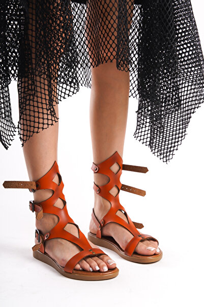 ünverdi Sandale Gladiator Bodrum cu talpă plată reglabilă cu bandă portocalie Wolf din piele naturală