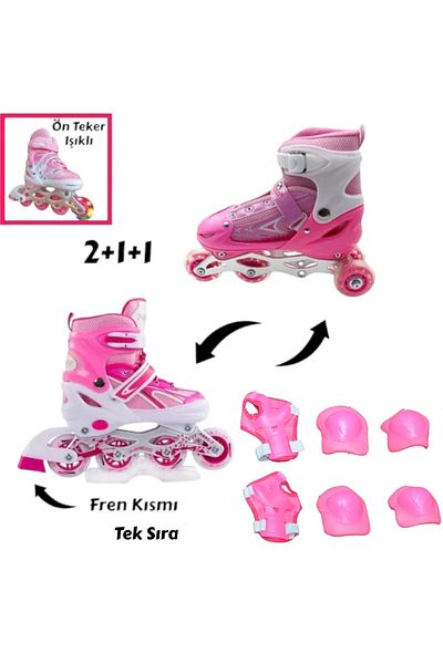 MEDITERIAN Pink Silicone Roller Skates Adjustable Skates Lighted Children's Skates - with Knee Pad Elbow Pad Protection