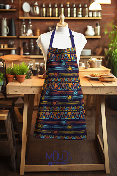 Moud's مريلة مطبخ منقوشة أصلية باللون الأزرق الداكن من قماش الغزال، مريلة للطهي، مريلة للنادل، مريلة للمطاعم