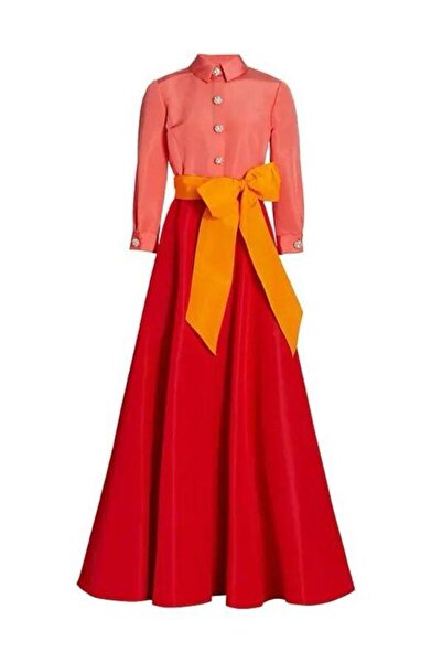 UNTIMELY Pink Taffeta & Skirt Red Taffeta Maxi Shirt Dress