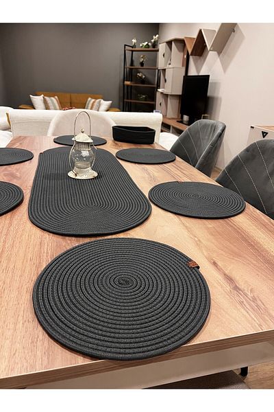 Türkmen Ev Tekstil Jute, Wicker Color American Service, 6Supla 1 Runner, 1 Bread Basket, Plate Mat, Supla Set