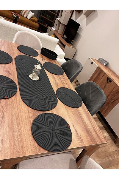 Türkmen Ev Tekstil Jute, Wicker Color American Service, 6Supla 1 Runner, 1 Bread Basket, Plate Mat, Supla Set