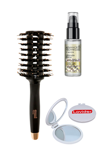 AVON Yuvarlak Fön Fırçası + Parlaklık Veren Saç Serumu 30ml + Lovider Cep Aynası